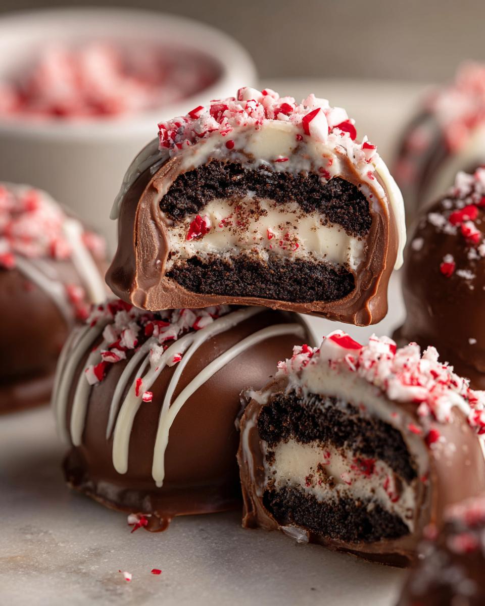 Close-up of a Peppermint Bark Stuffed Oreo Ball cut in half, showing the filling and toppings.