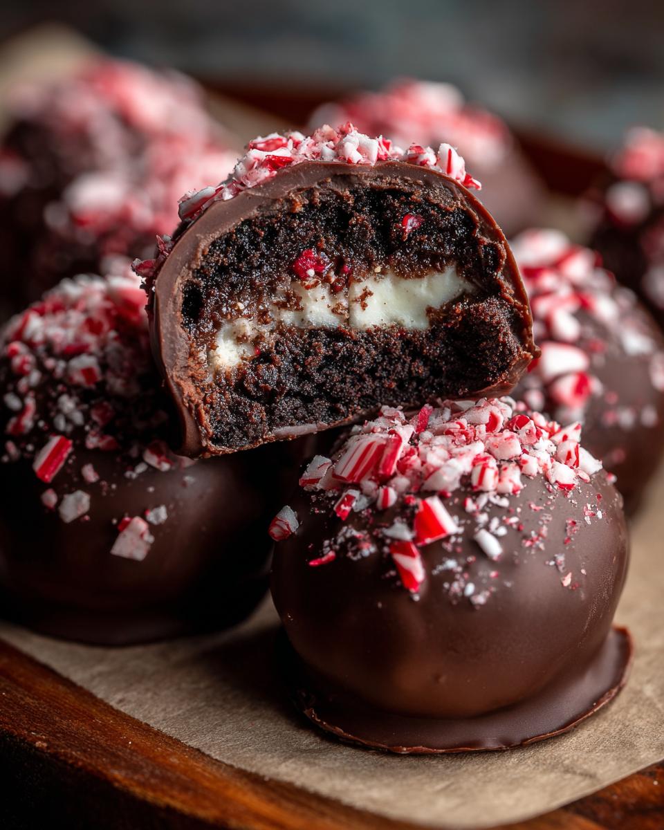 Close-up of a Peppermint Bark Stuffed Oreo Ball, cut in half, showing the filling.