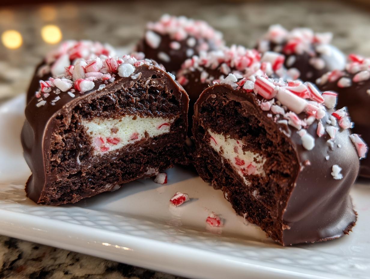 Close-up of a Peppermint Bark Stuffed Oreo Ball cut in half, showing the filling and chocolate coating.