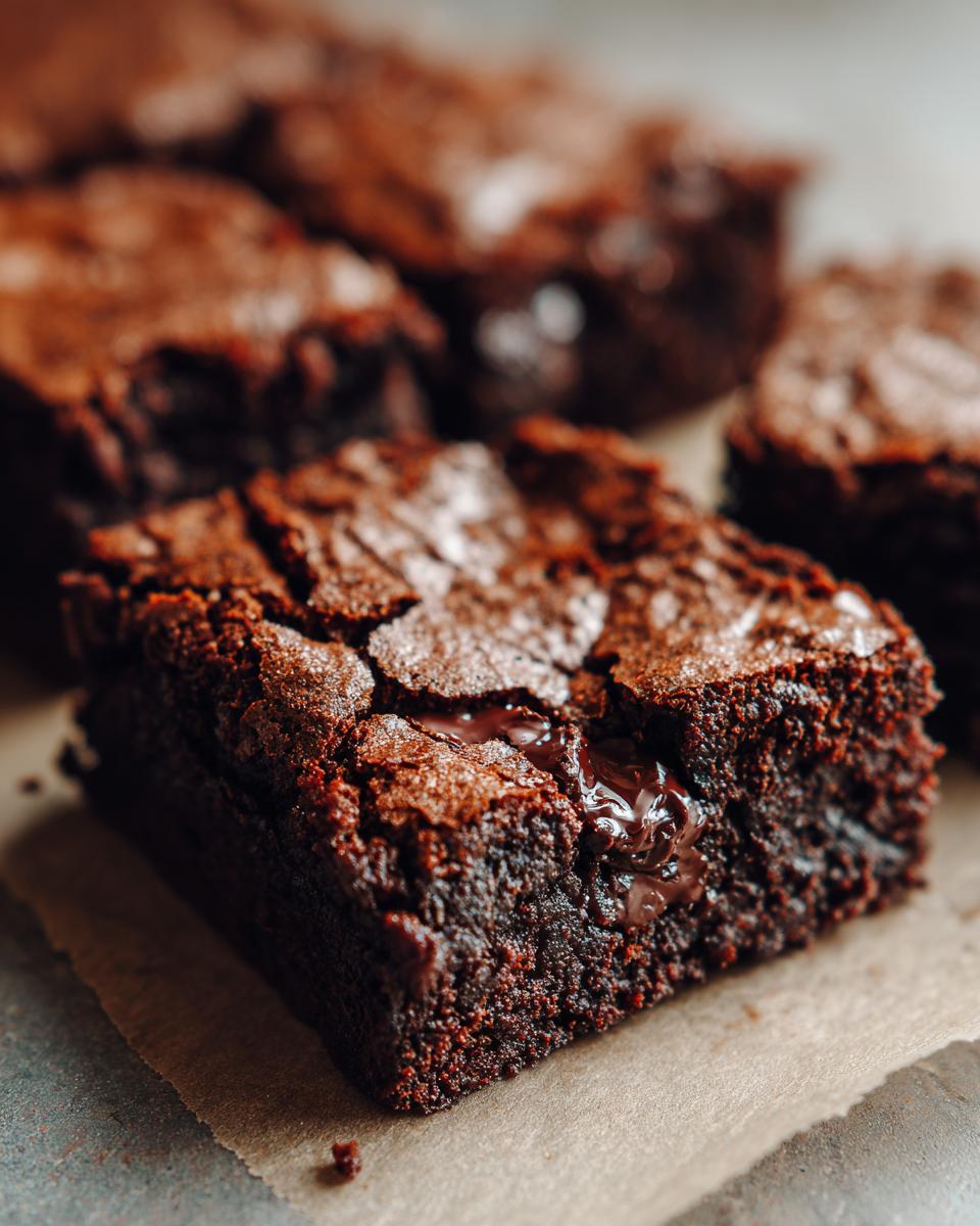 Close-up of a fudgy Peppermint Hot Cocoa Brownie on parchment paper, showing a rich, chocolatey texture.