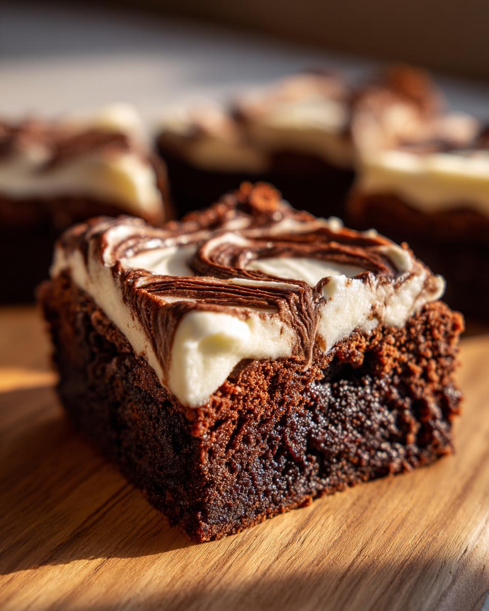 Close-up of a fudgy Peppermint Hot Cocoa Brownie slice with white frosting and chocolate swirls.