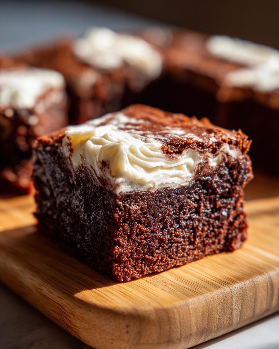 Close-up of a Peppermint Hot Cocoa Brownie slice with white frosting on a wooden board.