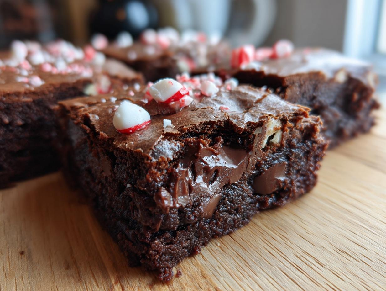 Close-up of a Peppermint Hot Cocoa Brownie with chocolate chunks and peppermint candy.