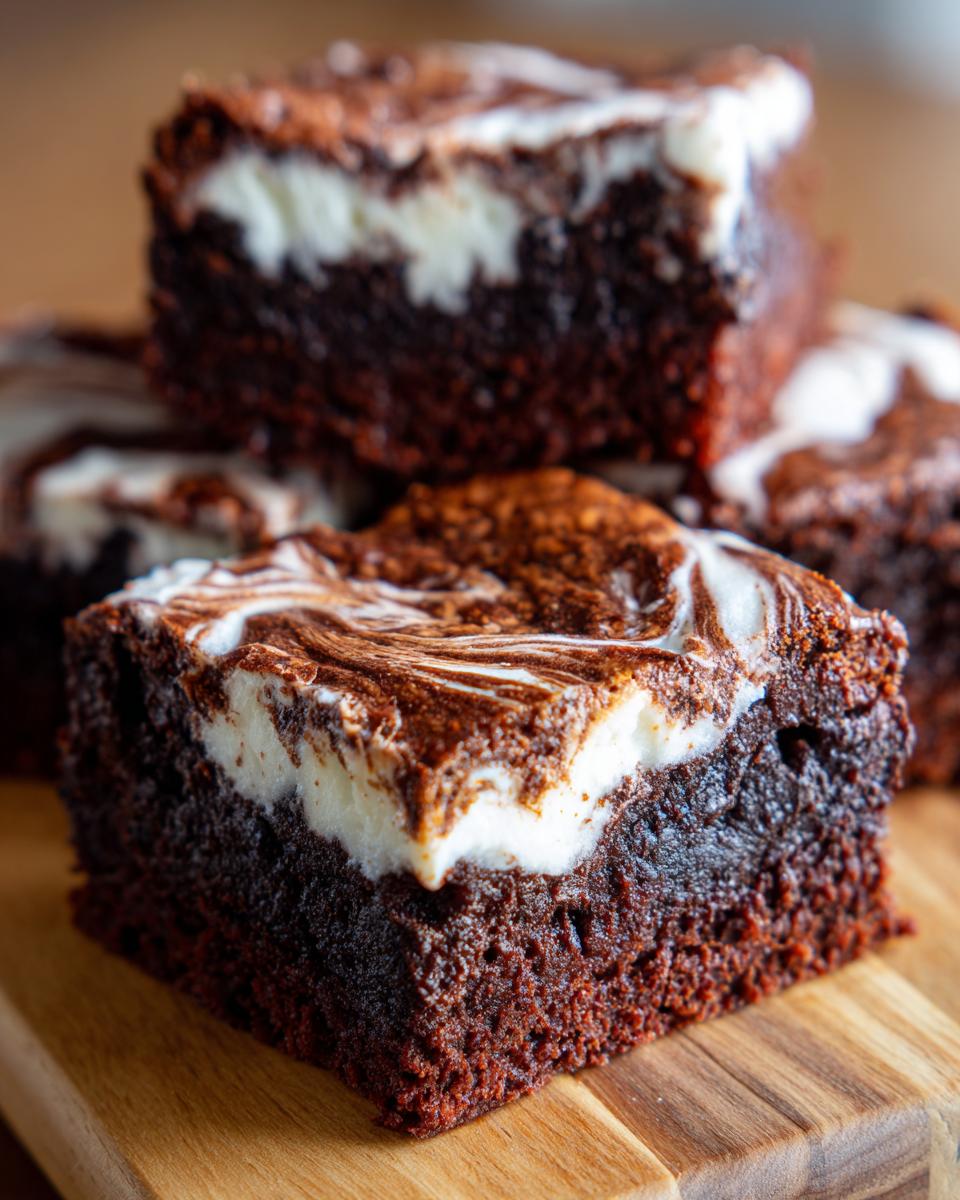 Close-up of a square Peppermint Hot Cocoa Brownie with white swirled frosting on a wooden board.