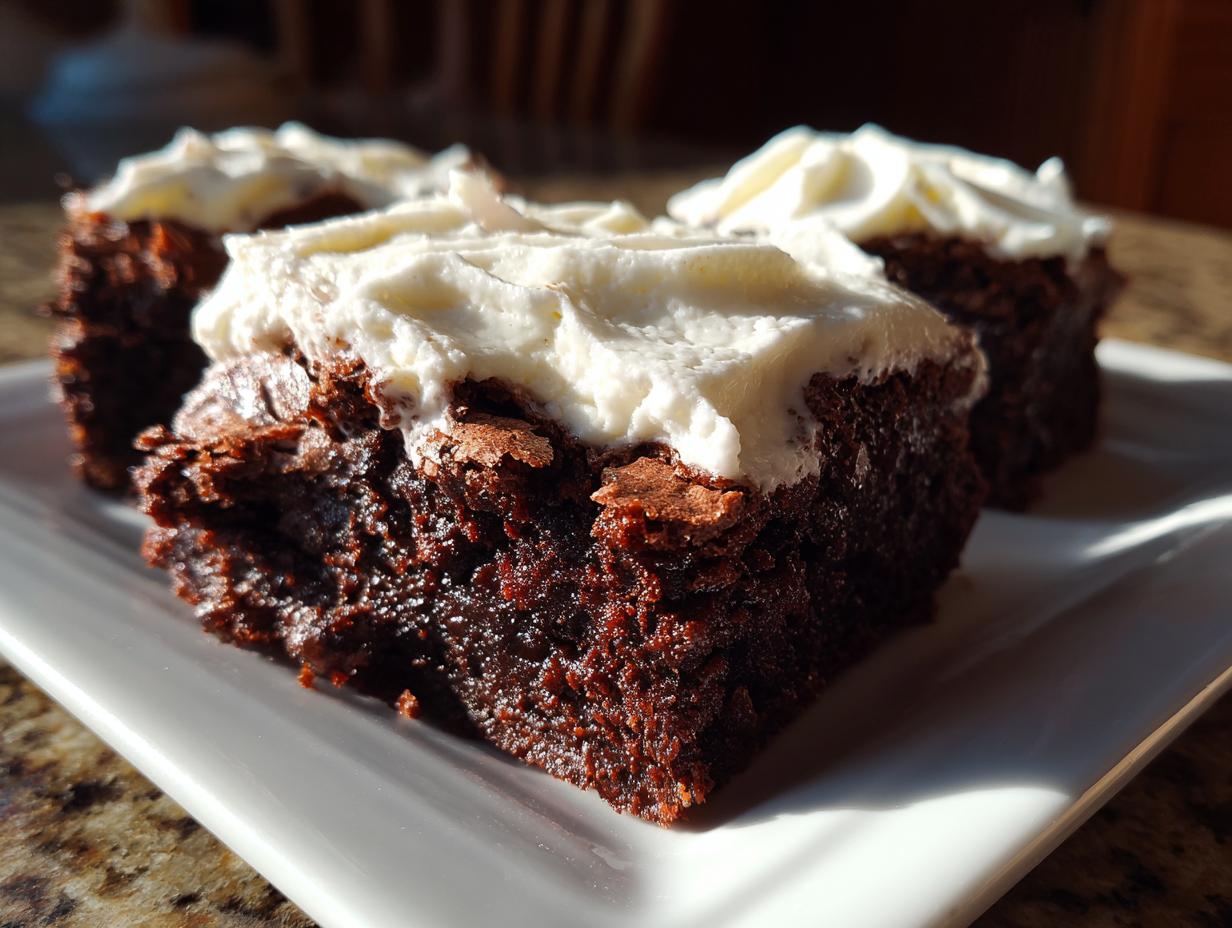 Close-up of a slice of Peppermint Hot Cocoa Brownies with white frosting on a white plate.