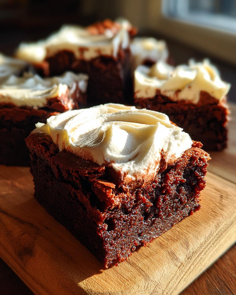 Close-up of a Peppermint Hot Cocoa Brownie slice with frosting on a wooden board.