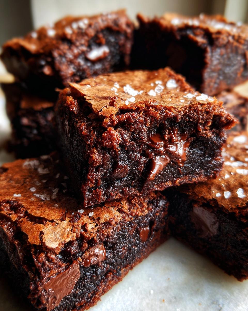Close-up of stacked Peppermint Hot Cocoa Brownies with chocolate chunks and sea salt.