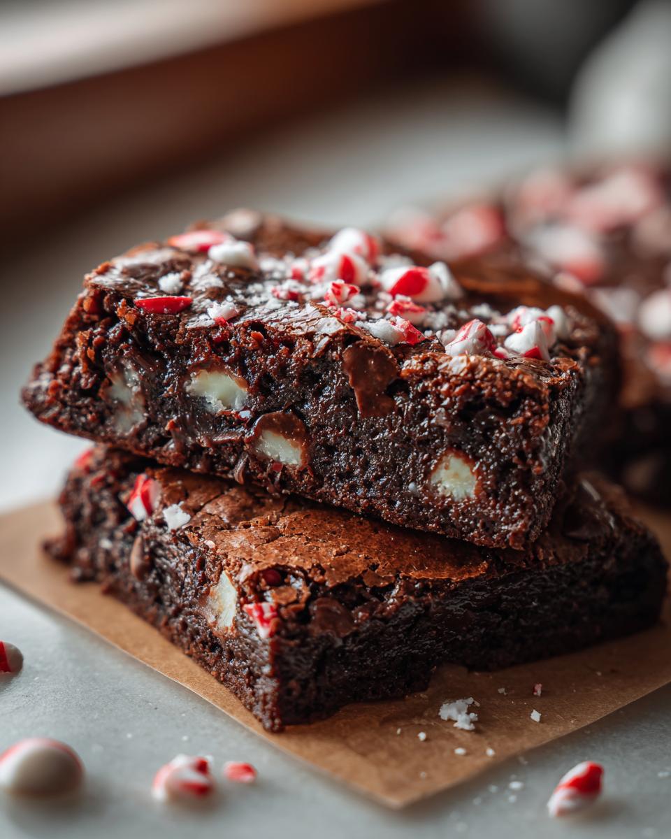 Close-up of two stacked Peppermint Hot Cocoa Brownies topped with crushed peppermint candies.