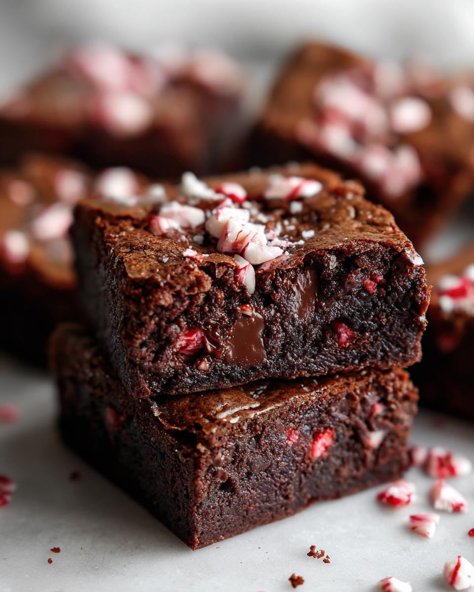 Close-up of stacked Peppermint Hot Cocoa Brownies with crushed peppermint on top.