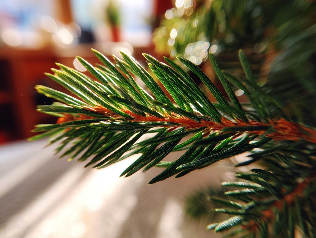 Close-up macro shot of a green pine branch with sharp needles, perfect for Christmas coloring pages for kids.
