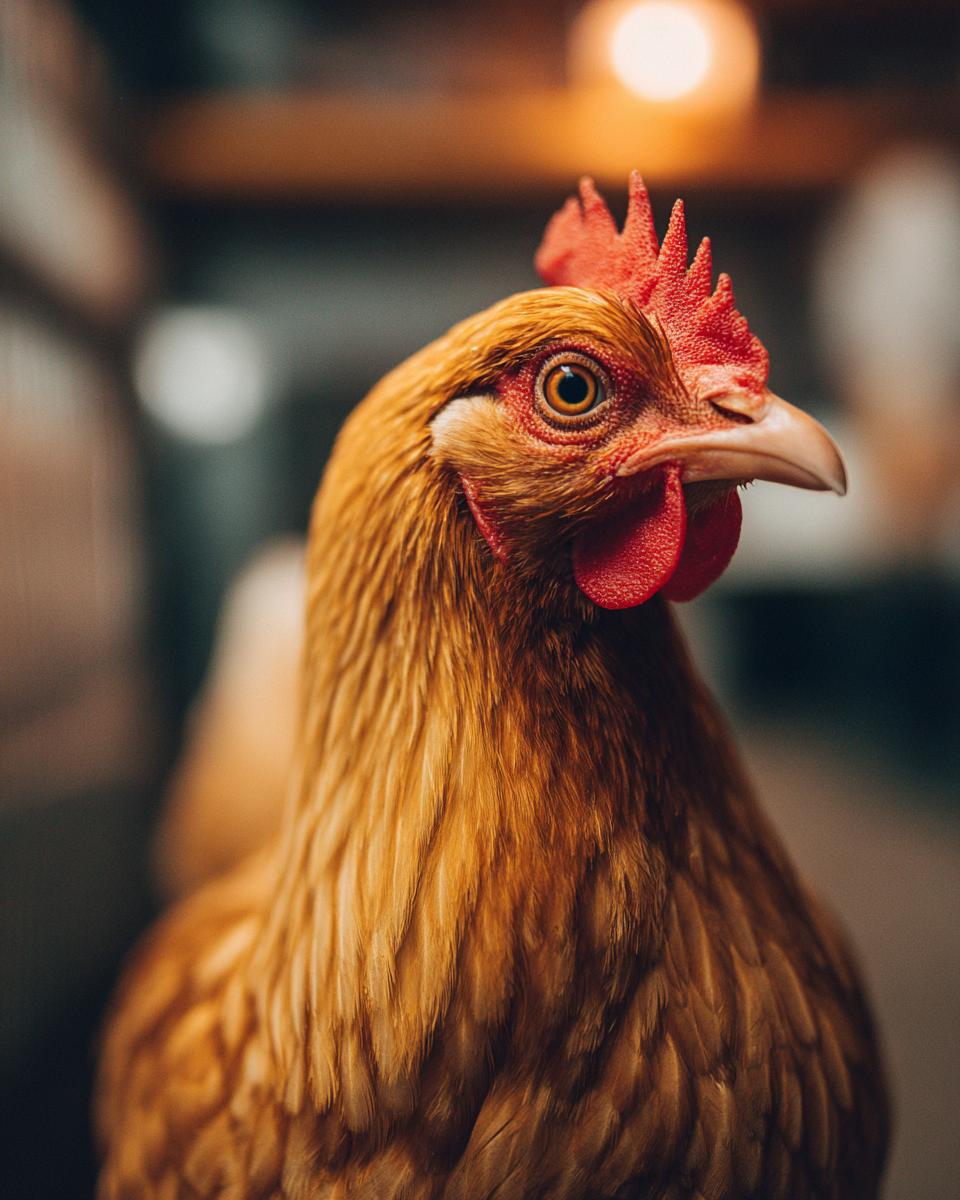 Close-up of a brown chicken with a red comb, perfect for printable Christmas coloring pages for kids.