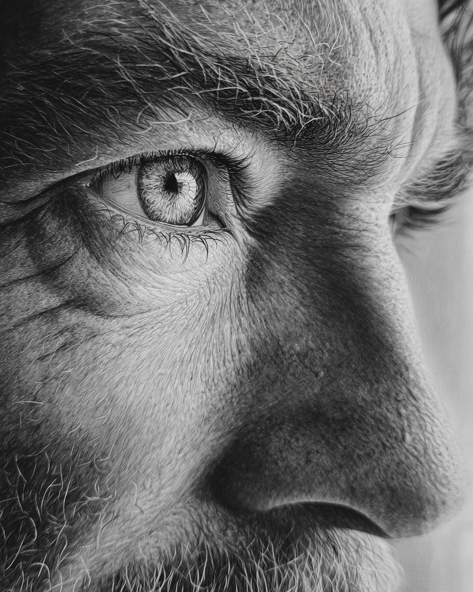Close-up detail of a realistic pencil drawing of a man's eye, showing intricate textures and shading. Part of Printable Christmas Coloring Pages for Kids.
