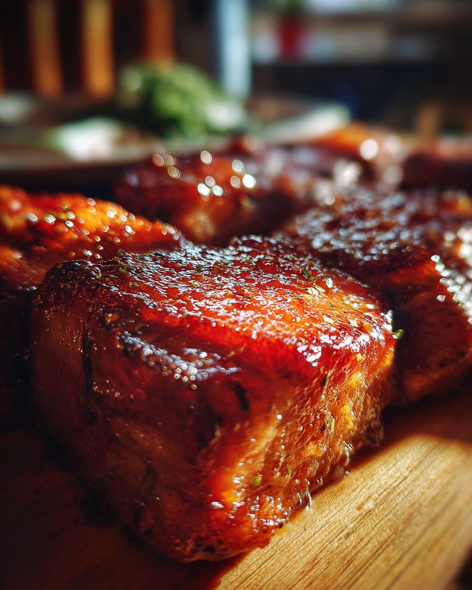 Close-up of delicious, glazed pork belly, perfect for a festive meal.