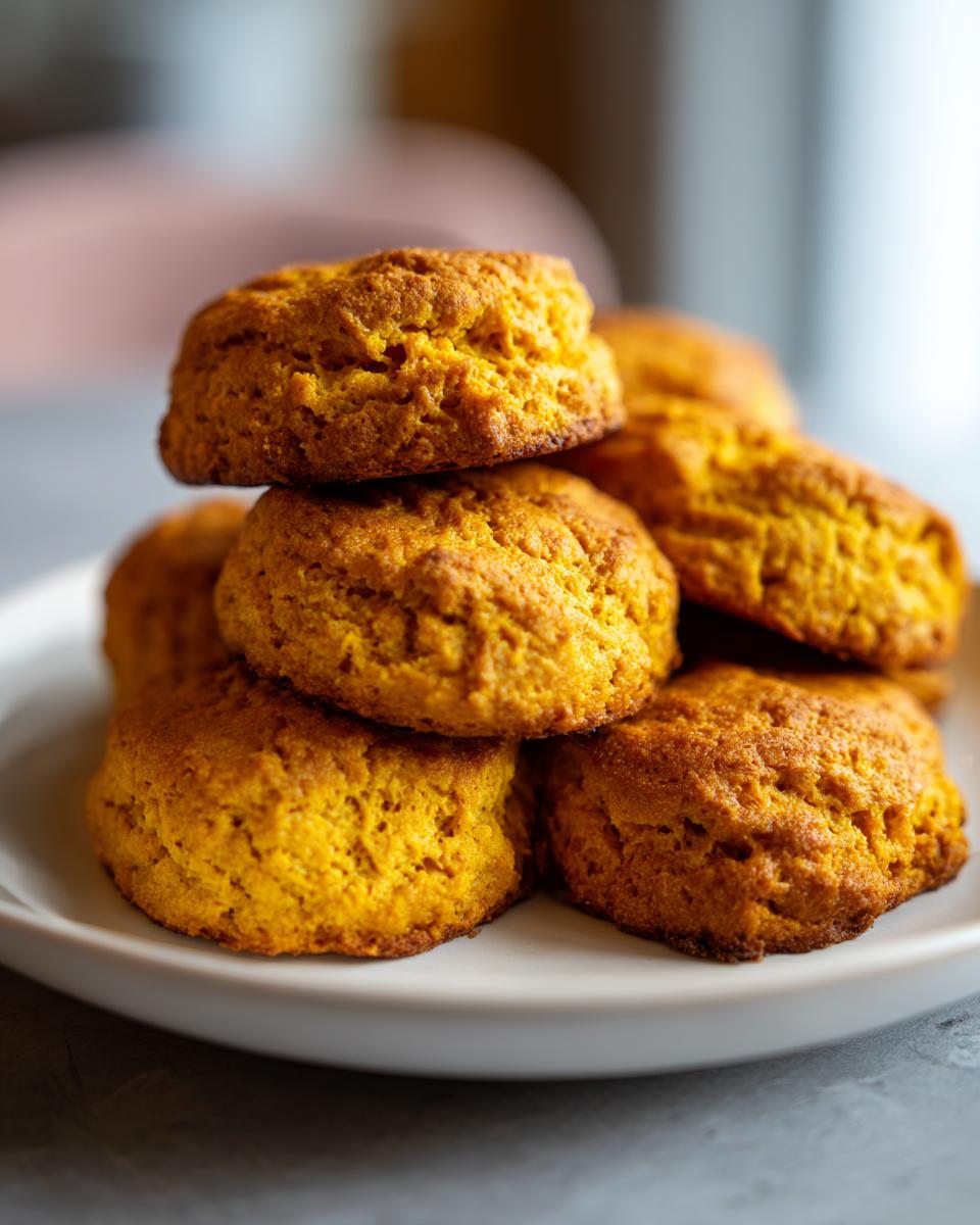 Pile of golden-brown Pumpkin Biscuits on a white plate, ready to be enjoyed.