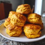 A stack of golden-brown Pumpkin Biscuits on a white plate, ready to eat.
