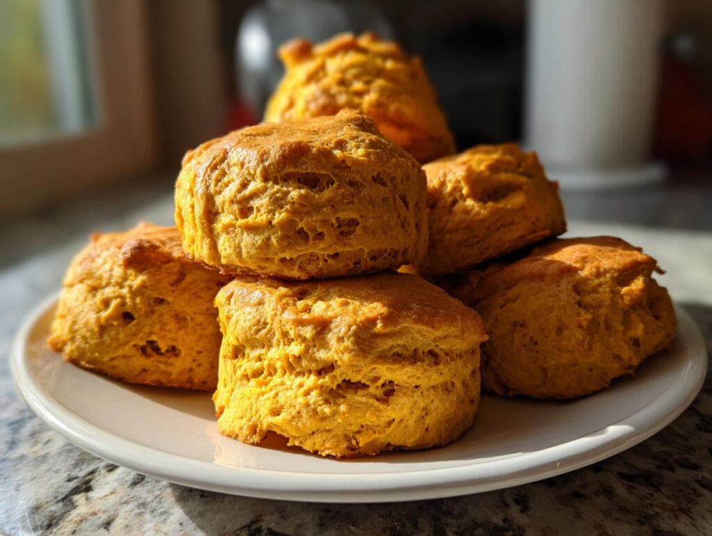 A stack of freshly baked pumpkin biscuits on a white plate, showcasing their golden-brown color and fluffy texture.