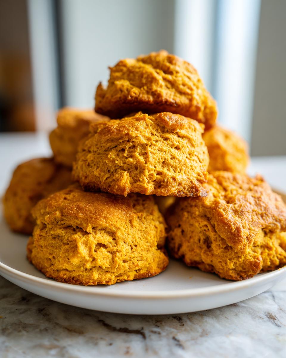 A stack of golden-brown pumpkin biscuits on a white plate, ready to eat.