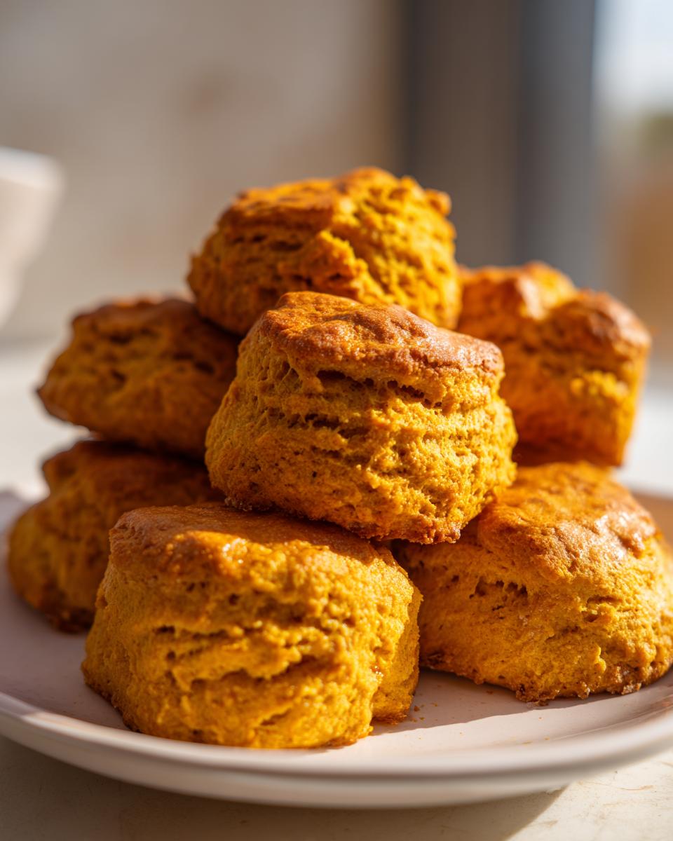 Pile of freshly baked pumpkin biscuits on a white plate, golden brown and fluffy.