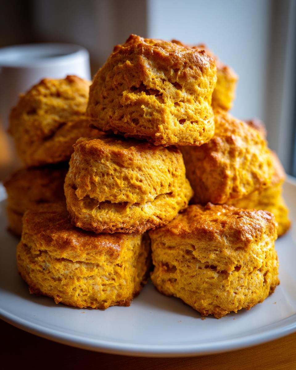 Pile of freshly baked pumpkin biscuits on a white plate, close-up.