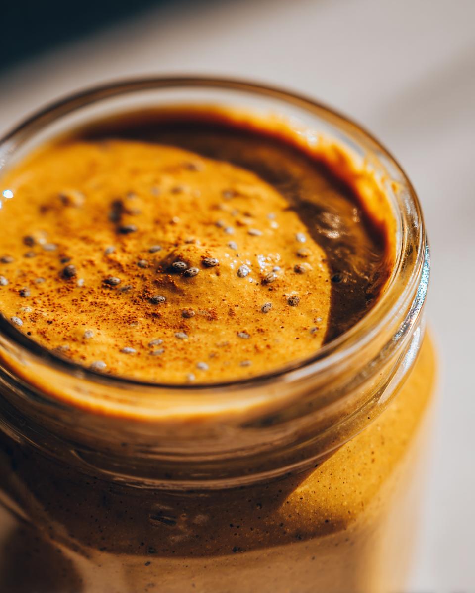 Close-up of creamy Pumpkin Spice Latte Overnight Oats in a jar, with chia seeds and spice.
