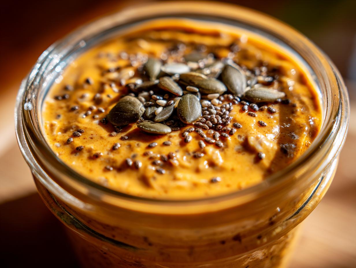 Close-up of Pumpkin Spice Latte Overnight Oats in a jar, topped with seeds.