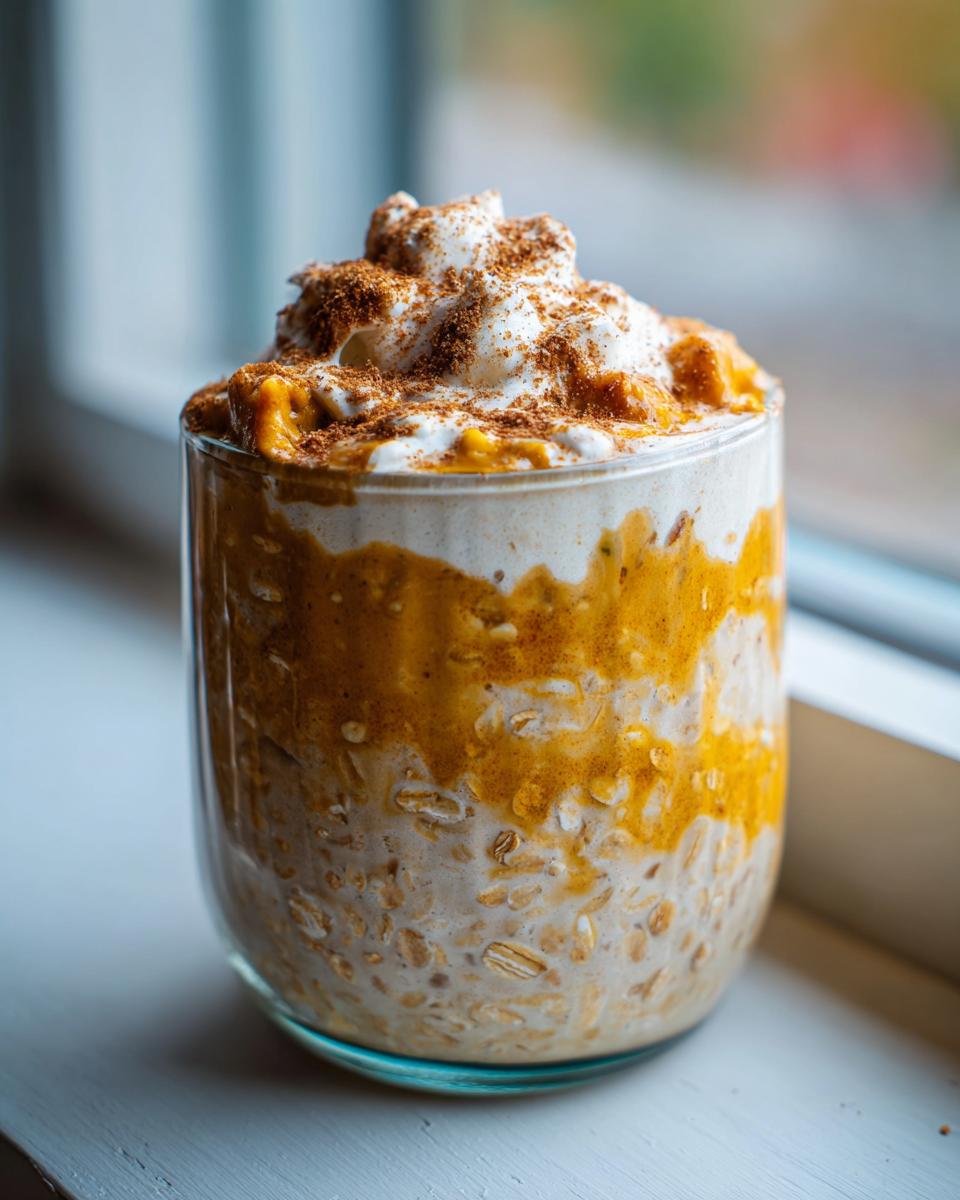 Close-up of Pumpkin Spice Latte Overnight Oats in a glass, topped with whipped cream and cinnamon.
