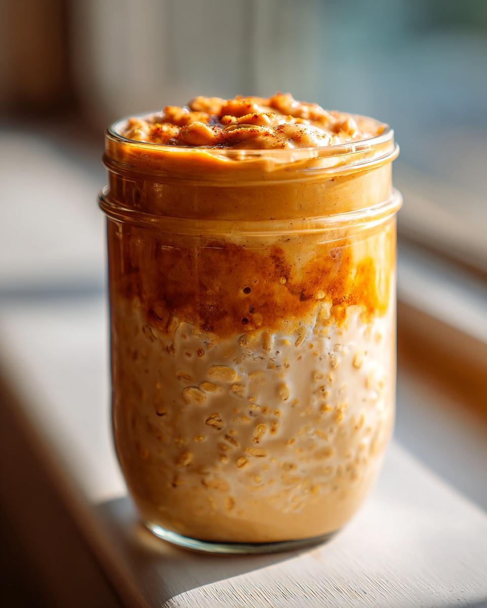 Close-up of Pumpkin Spice Latte Overnight Oats in a glass jar, a delicious breakfast.