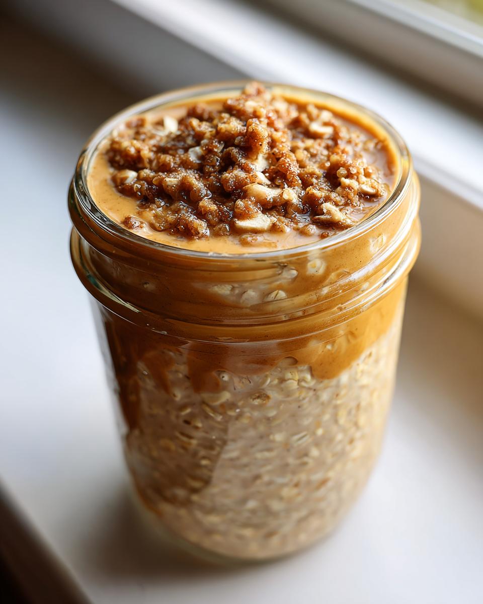 Close-up of Pumpkin Spice Latte Overnight Oats in a glass jar, topped with crumble.