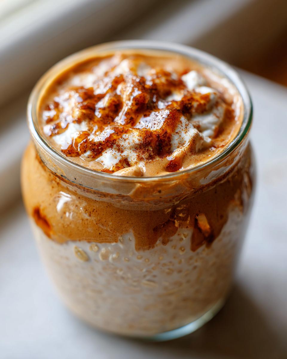 Close-up of Pumpkin Spice Latte Overnight Oats in a glass jar, topped with whipped cream and spices.