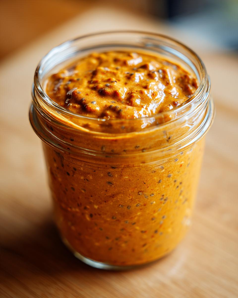Close-up of a jar filled with Pumpkin Spice Latte Overnight Oats, a healthy breakfast.