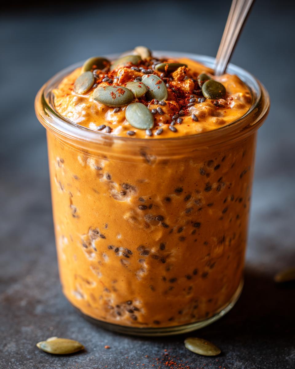 Close-up of Pumpkin Spice Latte Overnight Oats in a glass jar, topped with seeds and spices.
