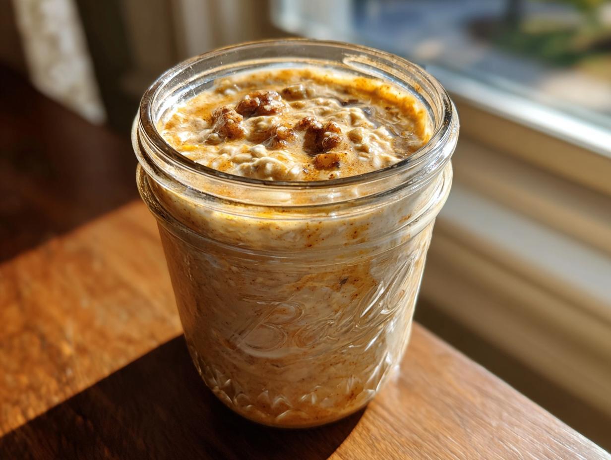 Close-up of Pumpkin Spice Latte Overnight Oats in a glass jar, ready to eat.