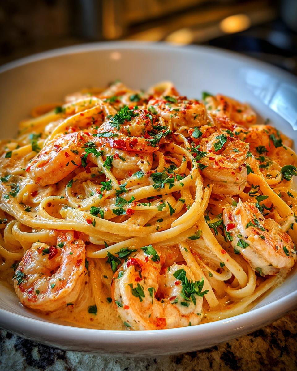 Close-up of Quick Cajun Shrimp Pasta in a white bowl, garnished with herbs.