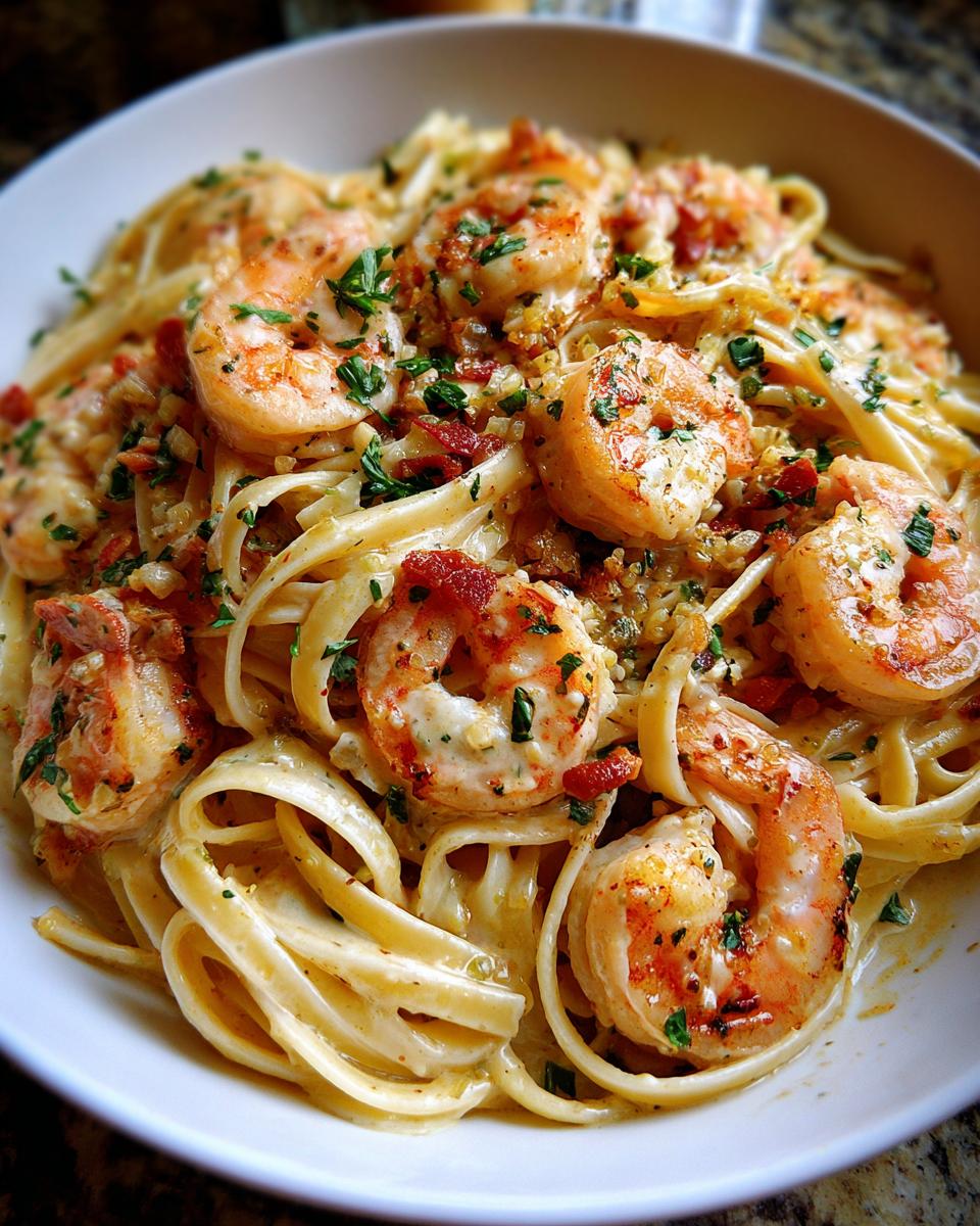 Close-up of Quick Cajun Shrimp Pasta in a white bowl, with shrimp, pasta, and sauce.
