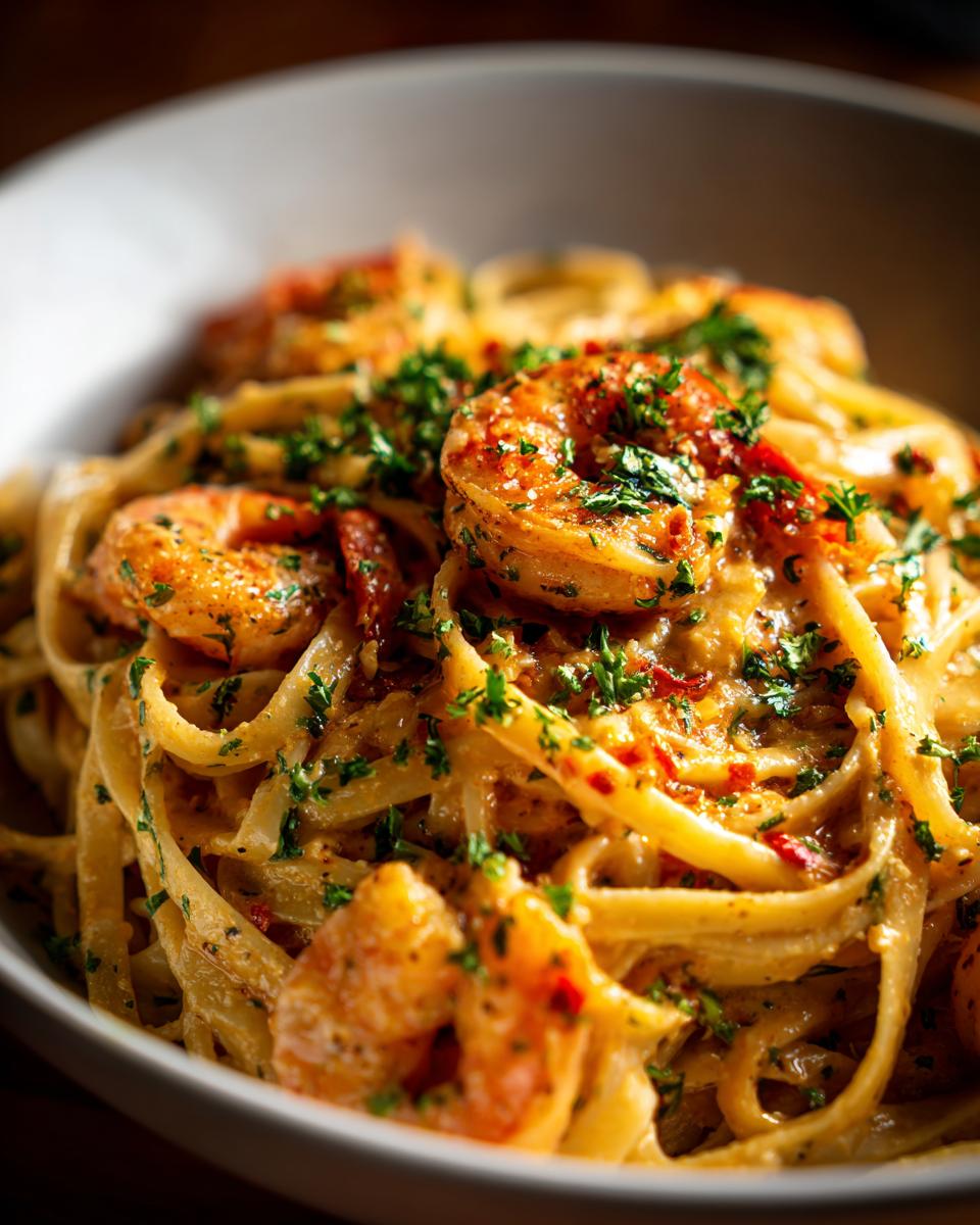 Close-up of Quick Cajun Shrimp Pasta in a bowl, with shrimp, pasta, and herbs.