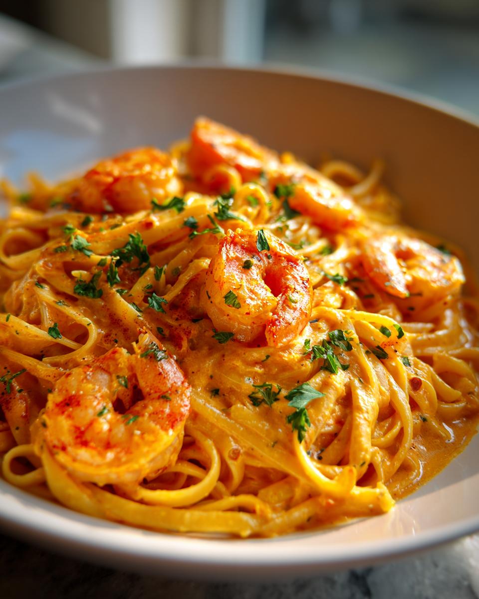 Close-up of Quick Cajun Shrimp Pasta in a white bowl, garnished with parsley.