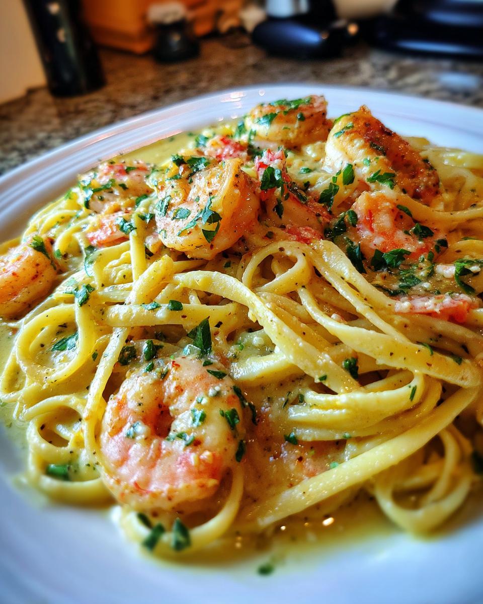 Close-up of Quick Cajun Shrimp Pasta with shrimp, pasta, and creamy sauce.