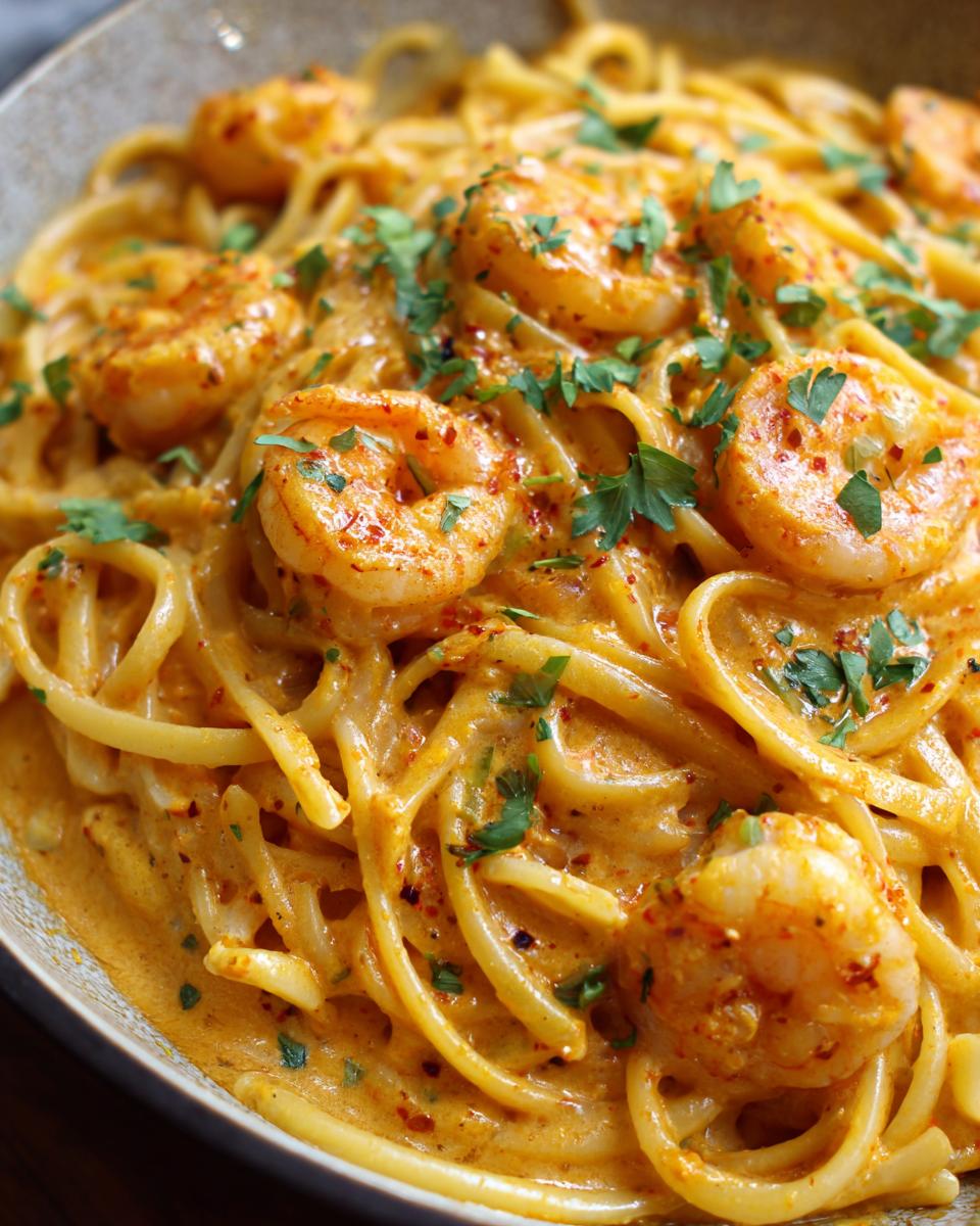 Close-up of Quick Cajun Shrimp Pasta with shrimp, pasta, and creamy sauce, garnished with parsley.