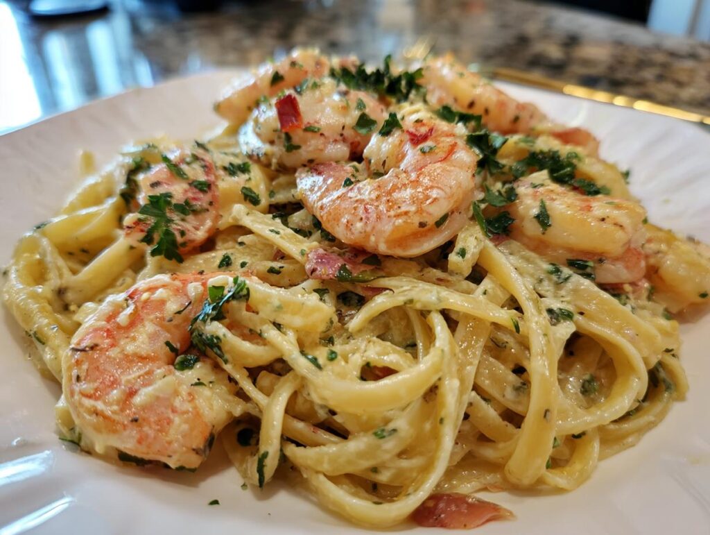 Delicious Quick Cajun Shrimp Pasta served on a white plate, garnished with fresh herbs.