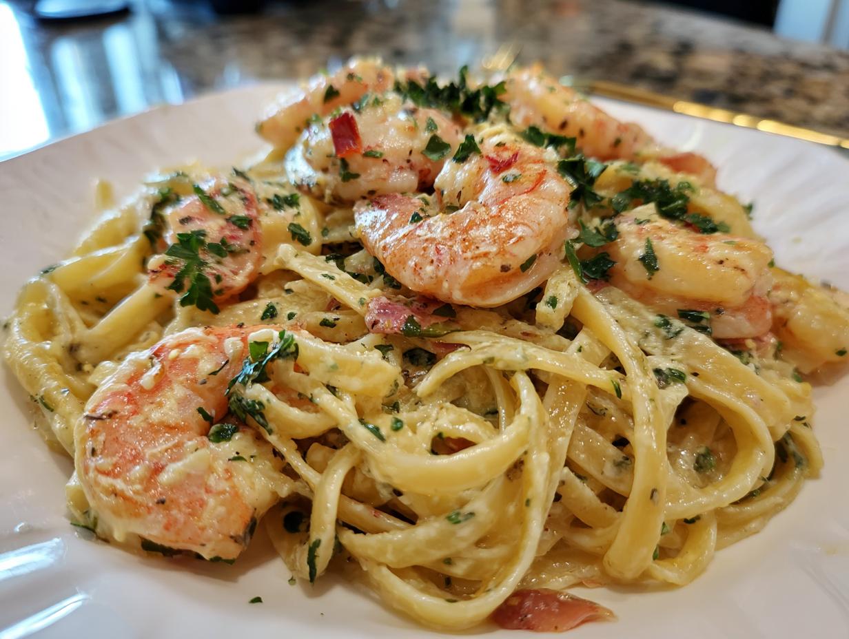 Delicious Quick Cajun Shrimp Pasta served on a white plate, garnished with fresh herbs.