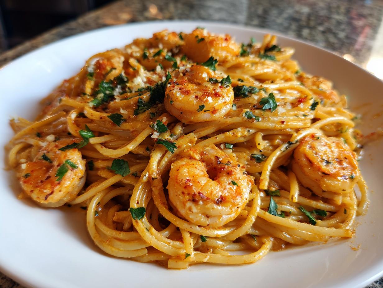 Delicious Quick Cajun Shrimp Pasta served on a white plate, garnished with parsley.