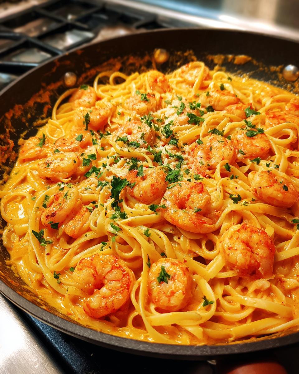Close-up of Quick Cajun Shrimp Pasta (15 Minutes) in a pan, with shrimp, pasta, and creamy sauce.
