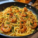 Close-up of Quick Cajun Shrimp Pasta with perfectly cooked shrimp and linguine in a creamy sauce.