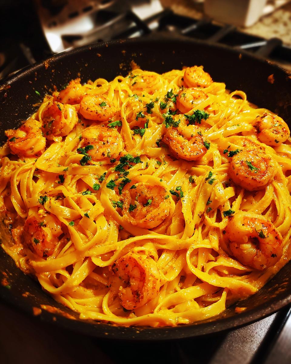 Close-up of Quick Cajun Shrimp Pasta with shrimp and pasta in a creamy sauce.