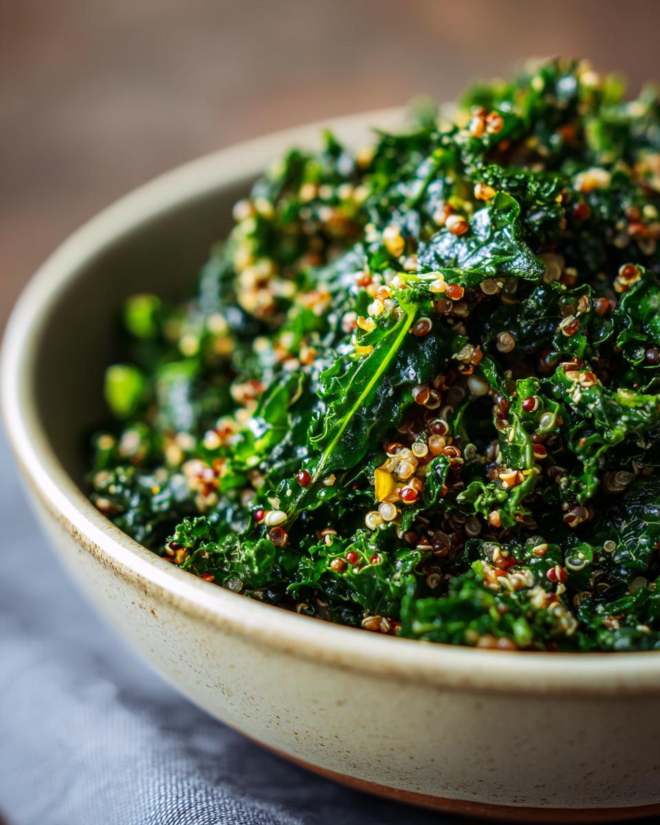 Close-up of a Quinoa Kale Power Bowl with quinoa and kale in a ceramic bowl.