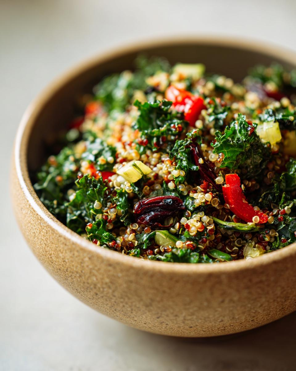 Close-up of a Quinoa Kale Power Bowl with lemon vinaigrette, showing quinoa, kale, and vegetables.