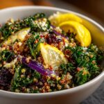 Close-up of a Quinoa Kale Power Bowl with lemon wedges, kale, and quinoa.
