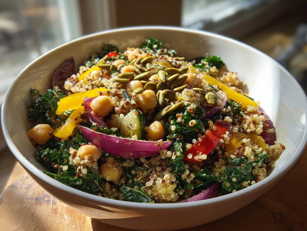 A vibrant Quinoa Kale Power Bowl with lemon vinaigrette, chickpeas, and vegetables.