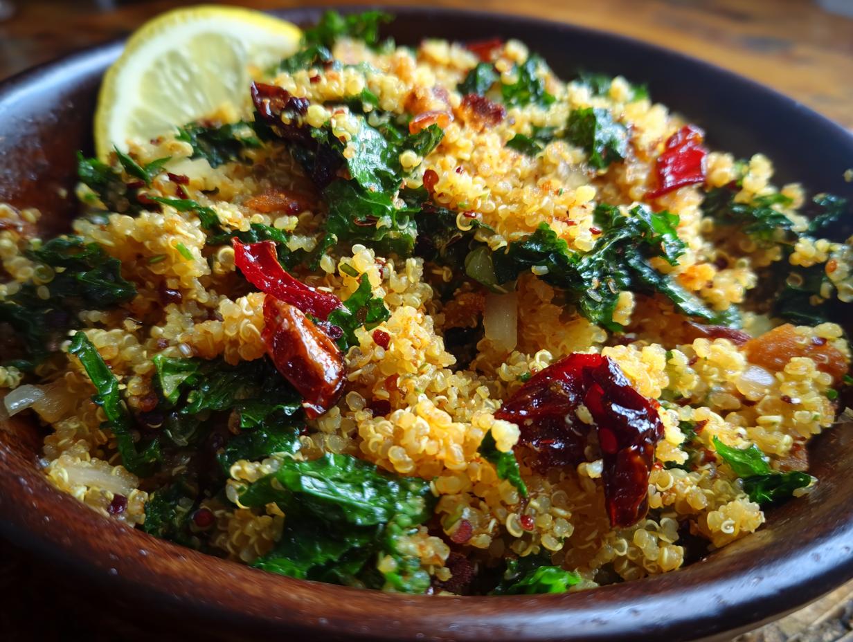 Close-up of a Quinoa Kale Power Bowl with lemon wedge, kale, and quinoa.