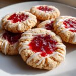 Close-up of delicious Raspberry Thumbprint Cookies with Icing, showing the jam filling and drizzled icing.
